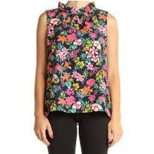 J. Crew Sleeveless Floral Mock Neck Ruffle Top Navy Pink Yellow Medium